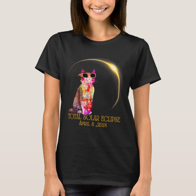 T-shirt Éclipse solaire 2024 Chat portant un verre Éclipse (Devant)