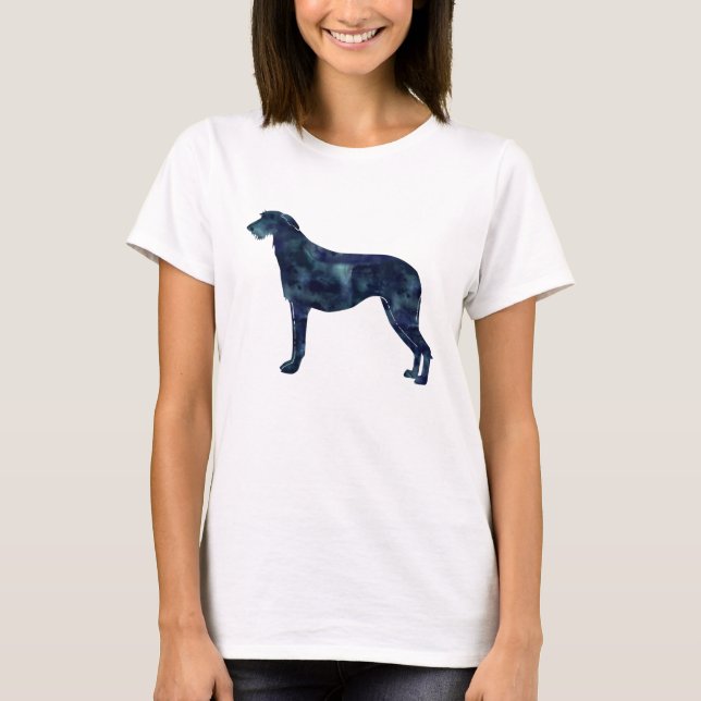 T-shirt Écossais Deerhound Noir Aquarelle Silhouette (Devant)