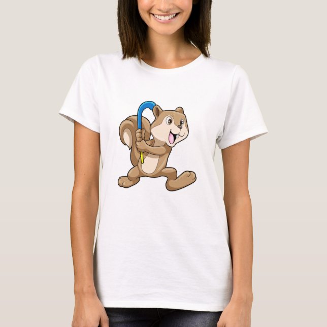 T-shirt Écureuil au hockey sur gazon avec bâton de hockey (Devant)