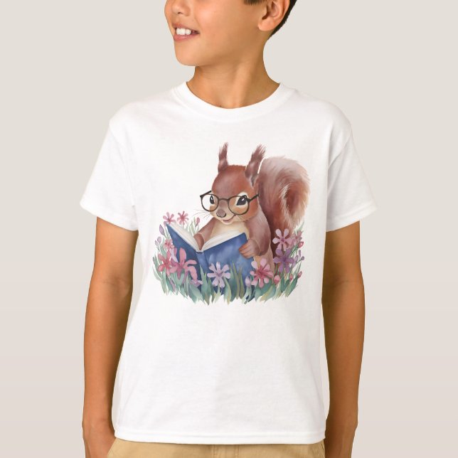 T-shirt Écureuil D'Aquarelle Lecture D'Un Livre (Devant)