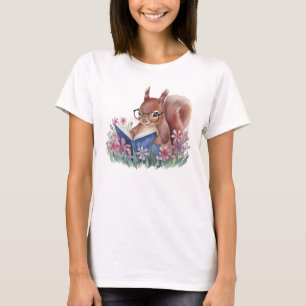T-shirt Écureuil lisant un livre, blotti dans les fleurs