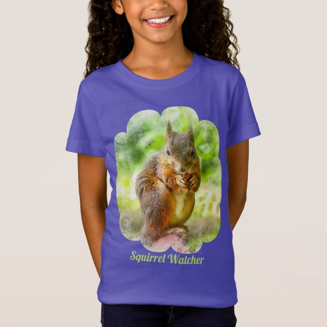 T-Shirt Écureuil Watcher Animal Peinture Artisanale Filles (Devant)