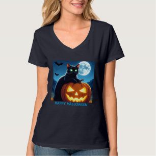 T-shirt Éffrayant Black Cat Citrouille Tee