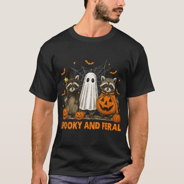 T-shirt Éffrayant Et Feral Halloween Ghost Raccoon Trick (Devant)