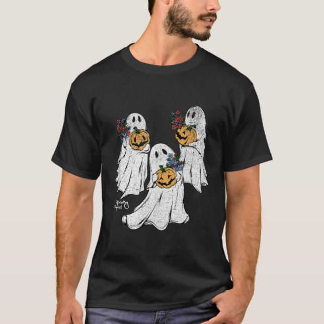 T-shirt Éffrayant Ghost Ghost Fleurs Citrouille Salle Rétr (Devant)
