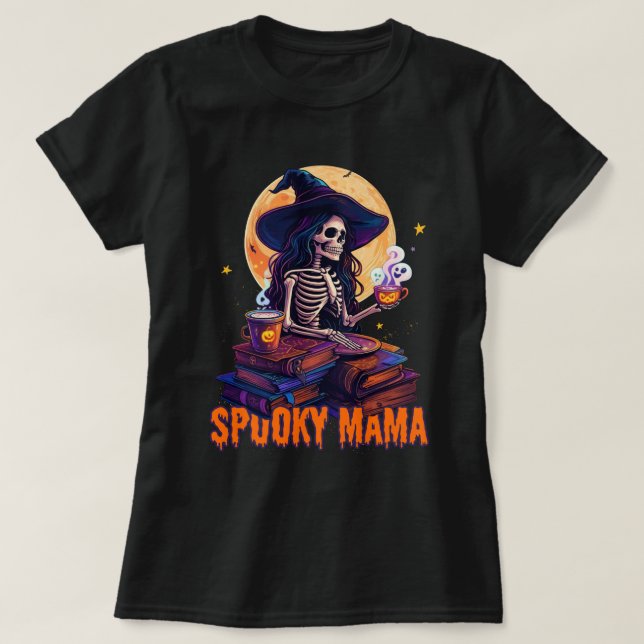 T-shirt Éffrayant Mama Skeleton Lecture Boisson Halloween (Design devant)