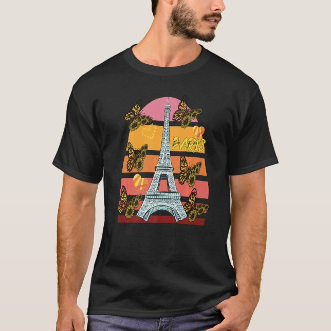T-shirt Eiffel Tower Retro Butterfly Paris Hearts France L (Devant)