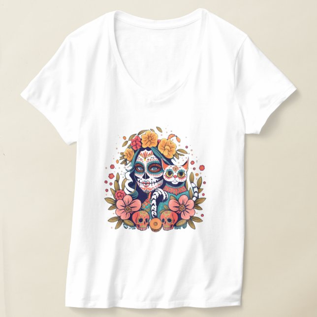 T-shirt El Gato Catrina : Une Feline Dia de los Muertos Fu (Poser)