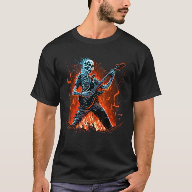 T-shirt Electric Guitar Skeleton Guitarist Metal Punk Rock (Devant)