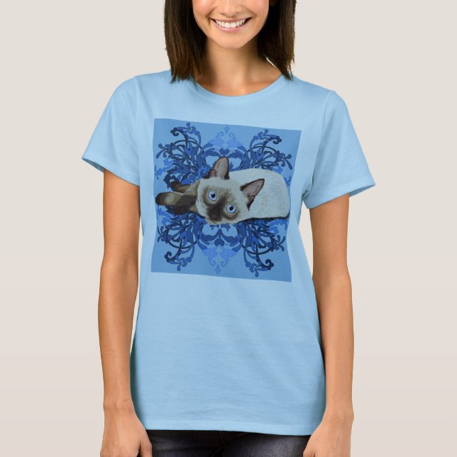 T-shirt Elégant bleu floral chat siamois jolie féline (Devant)