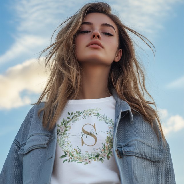T-shirt Elegant Botanical Monogram with Custom Name (Créateur téléchargé)