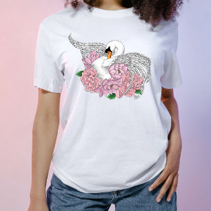 T-shirt Élégant Cygne Romantique Bleu Pivoine Floral