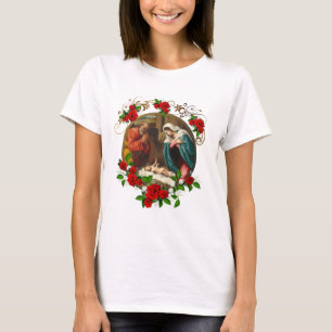 T-shirt Élégant Noël Roses rouges Nativité Sainte Famille