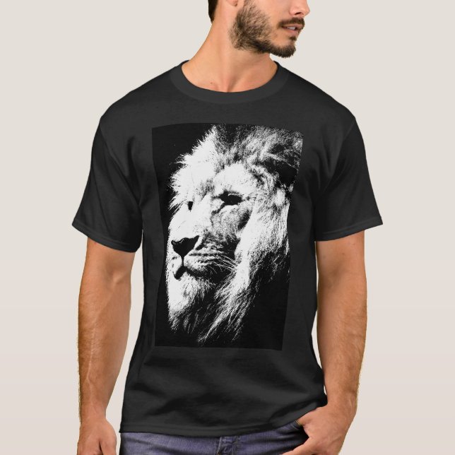 T-shirt Elégant Noir Blanc Pop Art Tête de Lion (Devant)