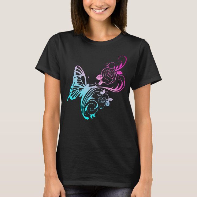 T-shirt élégant papillon bleu et fleurs roses (Devant)