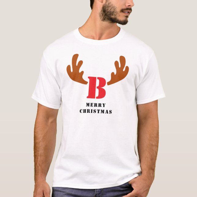 T-shirt Élégant Reindeer Noël Famille Monogramme Nom (Devant)
