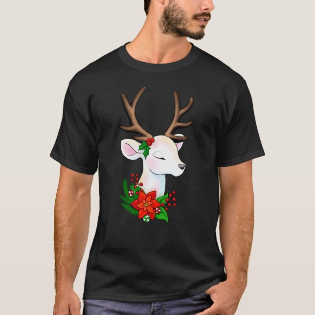 T-shirt Élégant renne de Noël blanc avec Antler Brown (Devant)
