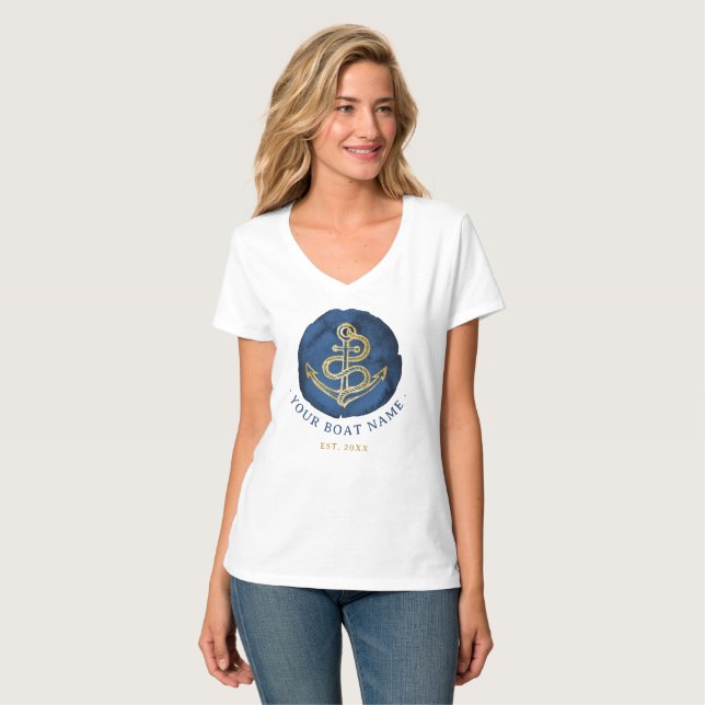 T-shirt Elégante Ancre aquarelle Nom nautique Marine Bleu (Devant entier)