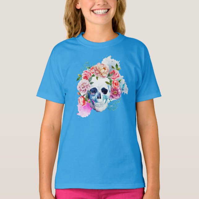 T-shirt Elégante chemise à crâne fleurie Dia de los Muerto (Devant)