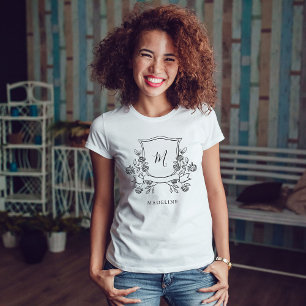 T-shirt Élégante crête florale Monogramme et nom