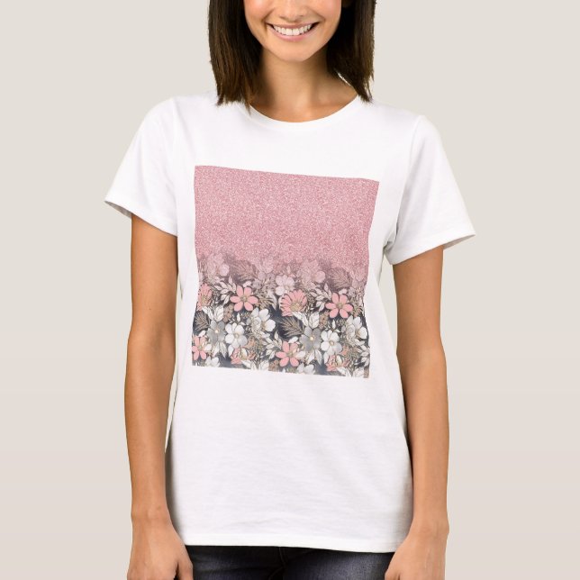 T-shirt Élégante Parties scintillant dorée rose floral Gra (Devant)