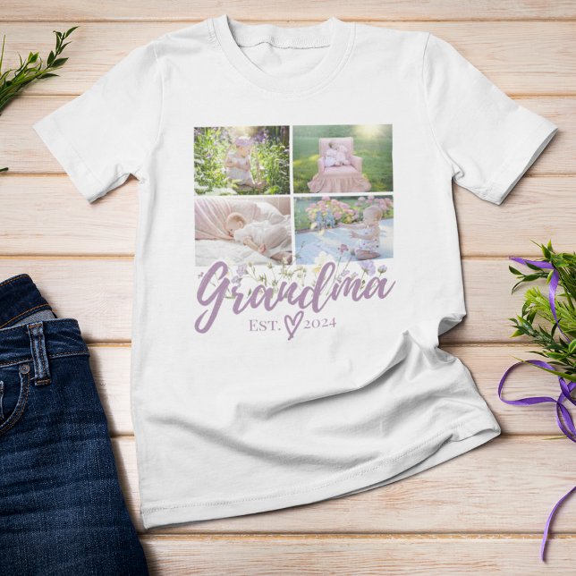 T-shirt Elégante photo florale personnalisée grand-mère (White "Grandma 2024" t-shirt with baby photo collage on wood.)