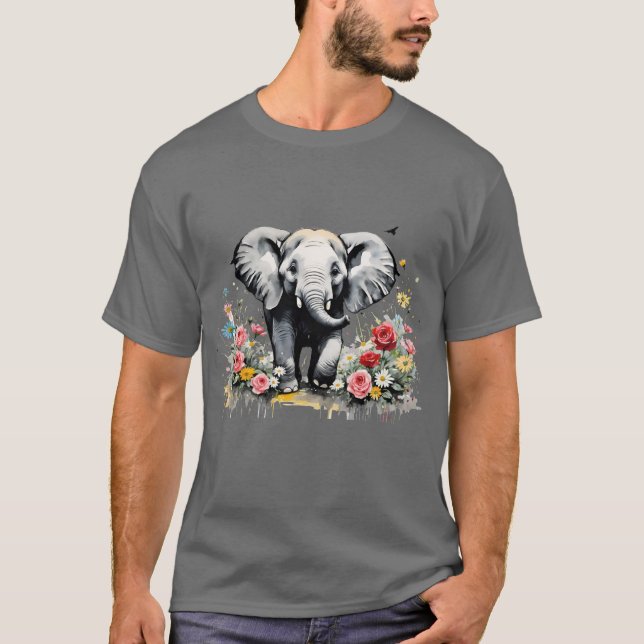 T-shirt Eléphant Bébé avec Roses (Devant)