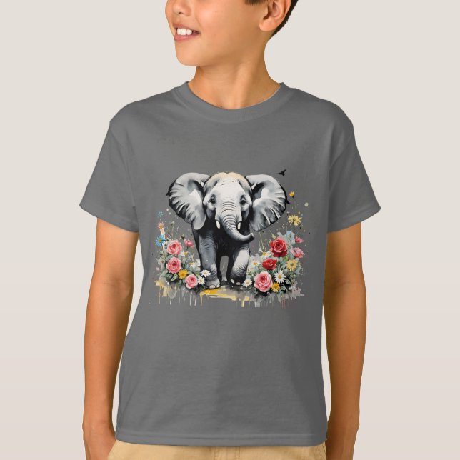 T-shirt Eléphant Bébé avec Roses (Devant)