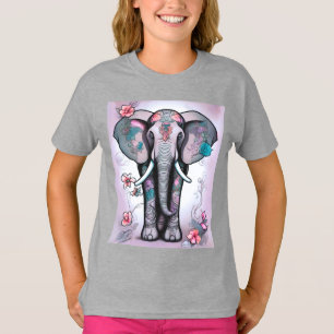 T-shirt Éléphant indien gris orné de fleurs