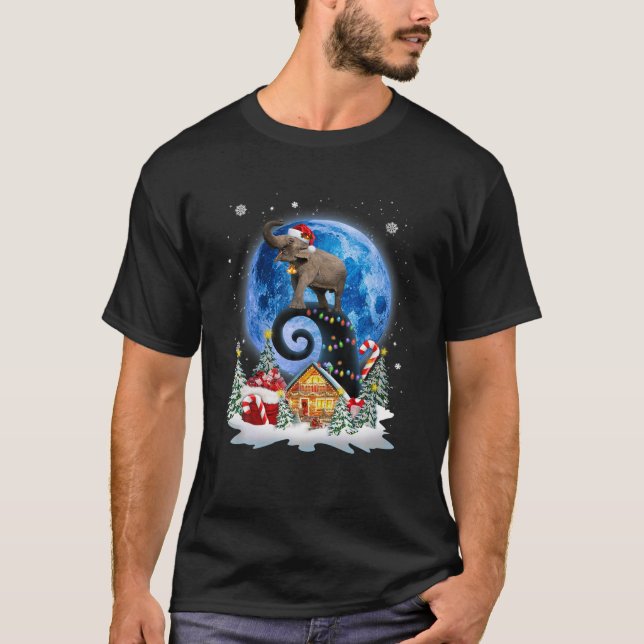 T-shirt Eléphant mignon Lune Bleu Joyeux Noël Eléphant L (Devant)