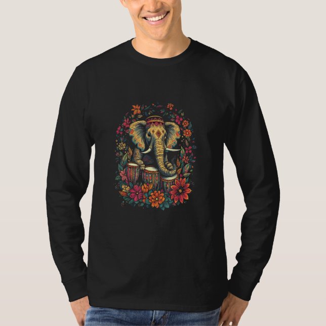 T-shirt Elephant Playing Drums  Drumming Drummer Boho Hawa (Devant)
