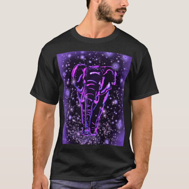 T-shirt Eléphant Rose Violet Neon Marchant La Nuit étoilée (Devant)