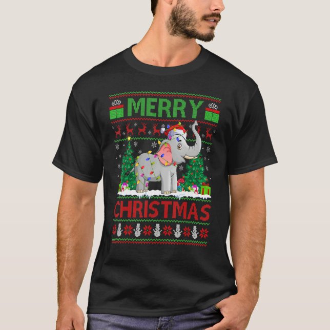 T-shirt Elephant   Xmas Tree Light Ugly Santa Elephant Chr (Devant)