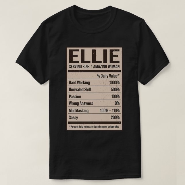 T-shirt Ellie Nutrition Facts Nom Pseudo Alias Titre Fr (Design devant)