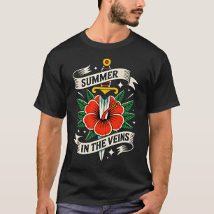 T-shirt Emblème de l'épée florale Été vibrant à l'hibisc