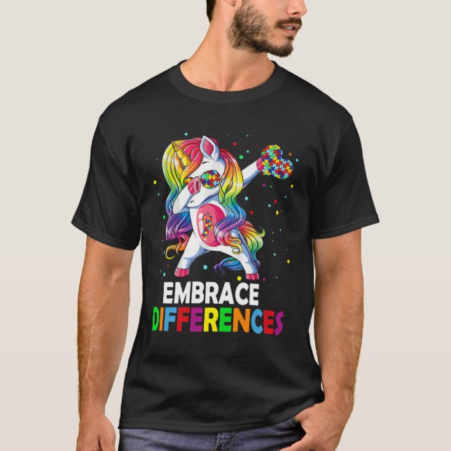 T-shirt Embrace Differences Unicorn Dabbing Puzzle Autism  (Devant)