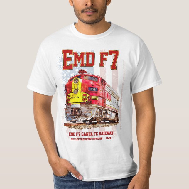 T-shirt EMD F7 Santa Fe Warbonnet with American Flag. (Devant)