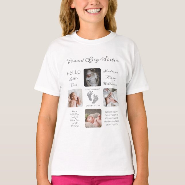 T-shirt Empreintes Photo Naissance Keepsaké Fier Soeur (Devant)