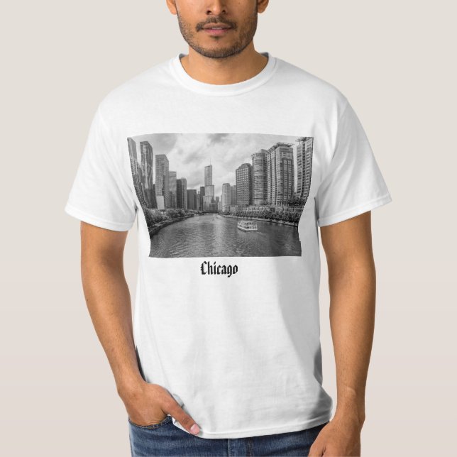 T-Shirt En Niveaux De Gris De La Rivière Chicago E (Devant)