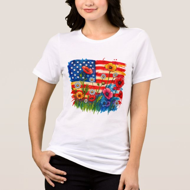 T-shirt En Tri-matière Aquarelle drapeau américain & Fleur sauvage - Patr (Recto)