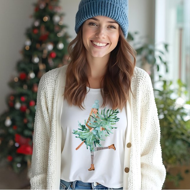 T-shirt En Tri-matière Aquarelle Noël Lovin' Girl Holding Pine Tree (Watercolor Christmas Lovin' Girl Holding Pine Tree Tri-Blend Shirt)