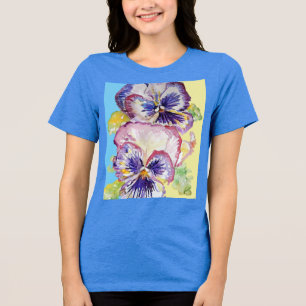 T-shirt En Tri-matière Aquarelle Pansy Motif sur bleu rose jaune