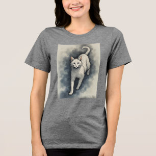 T-shirt En Tri-matière Chat Blanc dans un Style de Dessin à l'Encre Chino