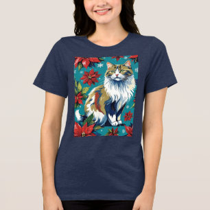 T-shirt En Tri-matière Chat De Noël Adorable Avec Poinsettias