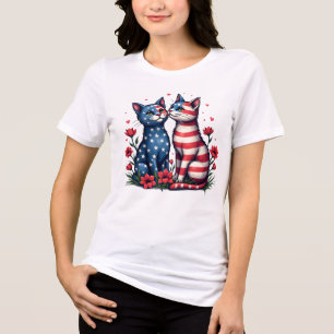 T-shirt En Tri-matière Chats mignons Drapeau américain et Fleurs Patrioti