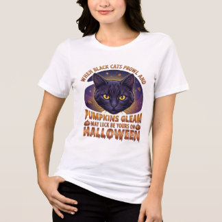 T-shirt En Tri-matière Citrouilles Brillent Halloween Chat Noir Feuilles