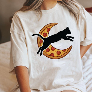 T-shirt En Tri-matière Conception de silhouette de chat pizza lune