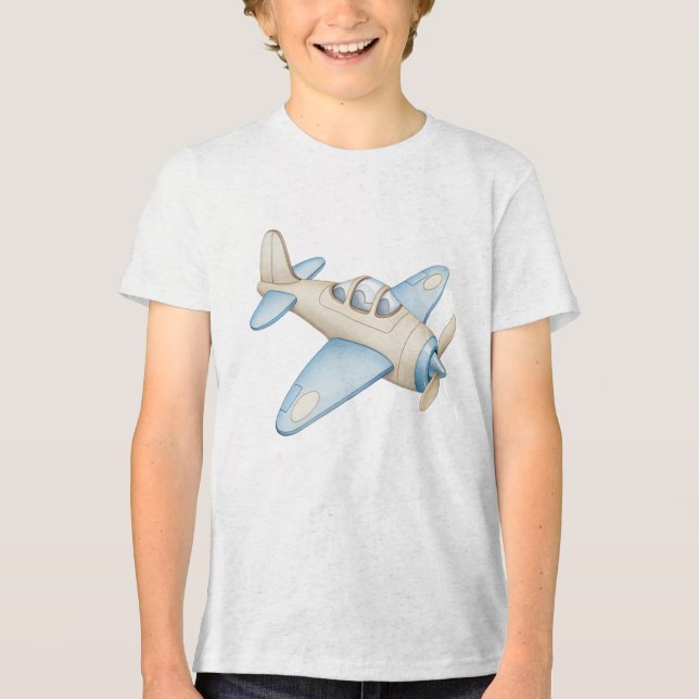 T-shirt En Tri-matière Cream and Blue Watercolor Propeller Plane  (Recto)