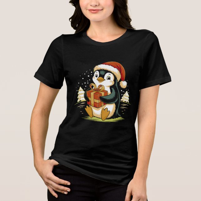 T-shirt En Tri-matière Cute Christmas Penguin with Gift Box (Recto)