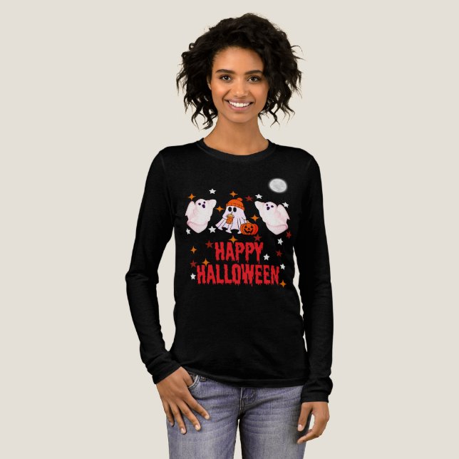 T-shirt En Tri-matière Cute Ghost Trio Happy Halloween Long Sleeve (Recto complet)